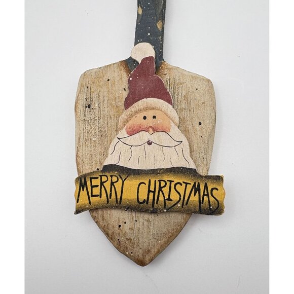 Rustic Merry Christmas Santa Claus Wooden Shovel Ornament Hand Painted Folk Art - Picture 2 of 7